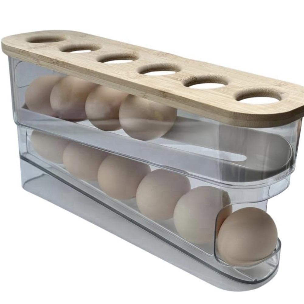 Durable Clear Plastic Egg Dispenser for Refrigerator: 18-Egg Organizer with Wood
